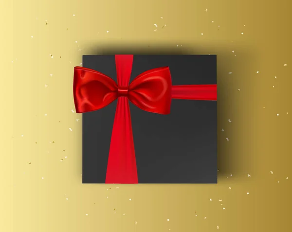 Blank, black gift box with red ribbon and red bow on golden background. Vector mock up box. Top View Mock up box for design products, package, branding, advertising