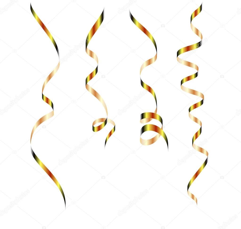 Set of golden streamers on white background. Carnival party serpentine decoration for your banner and greating card design. Paper gold ribbons