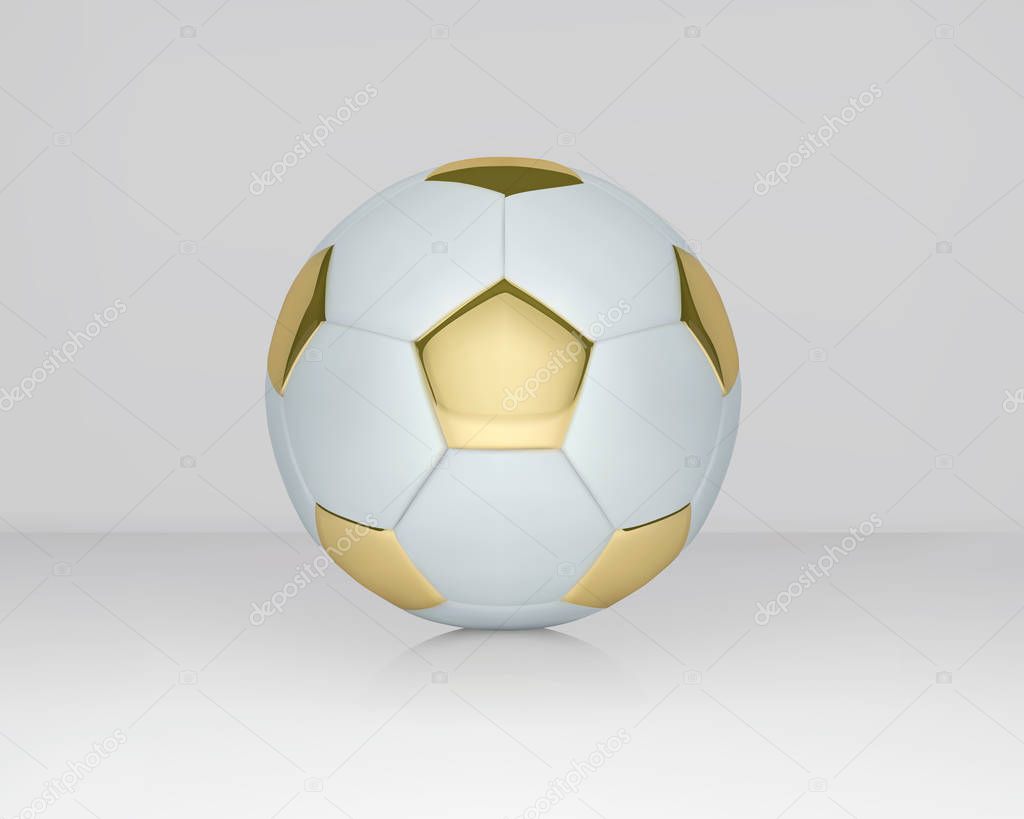 White and Gold soccer ball on white background. Golden football ball.