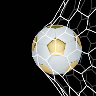 Vektör altın gerçekçi futbol topu veya futbol topu siyah arka plan üzerine net. 3D stil vektör topu