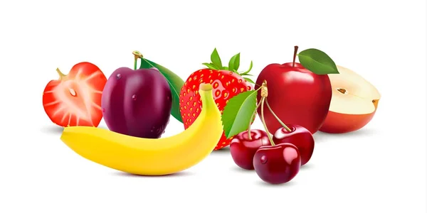 Isoliert auf weißem Hintergrund realistische Fruchtsymbole gesetzt. Erdbeere, Apfel, Pflaume, Banane und Kirsche — Stockvektor