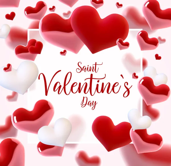 Valentijnsdag kunnen veel harten niet bedenken. Vector illustratie. 3D kleurrijke harten met dun vierkant frame. Leuke liefdesbanner of wenskaart. Plaats voor je tekst — Stockvector