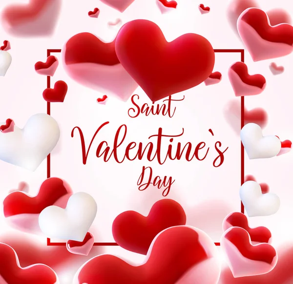 Valentijnsdag kunnen veel harten niet bedenken. Vector illustratie. 3D kleurrijke harten met dun vierkant frame. Leuke liefdesbanner of wenskaart. Plaats voor je tekst — Stockvector
