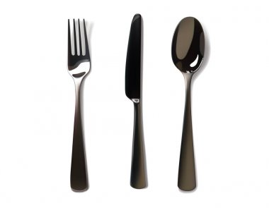 Gerçekçi çatal ve bıçak mockup. Paslanmaz çelik, gümüş mutfak eşyaları, çatal bıçak takımı. İzole vektör çizim üzerinde beyaz bir arka plan tasarımı için hazır