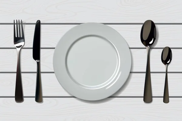 Piatto realistico vuoto con cucchiaio, coltello e forchetta su fondo bianco in legno. Posate su un tavolo di legno — Vettoriale Stock