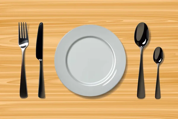 Üres reális tányér, kanál, a kést és a villát a fából készült háttér. Egy fa asztal evőeszköz — Stock Vector
