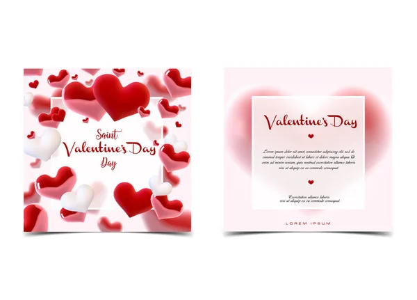 Dag van de Valentijnskaart s vele harten cincept. Vectorillustratie. 3D-kleurrijke harten met dunne vierkante frame. Leuke liefde banner, flyer of wenskaart. Plaats voor uw tekst — Stockvector