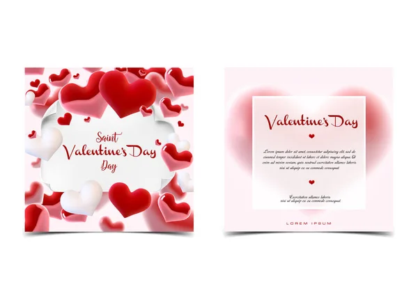 Dag van de Valentijnskaart s vele harten cincept. Vectorillustratie. 3D-kleurrijke harten met dunne vierkante frame. Leuke liefde banner, flyer of wenskaart. Plaats voor uw tekst — Stockvector