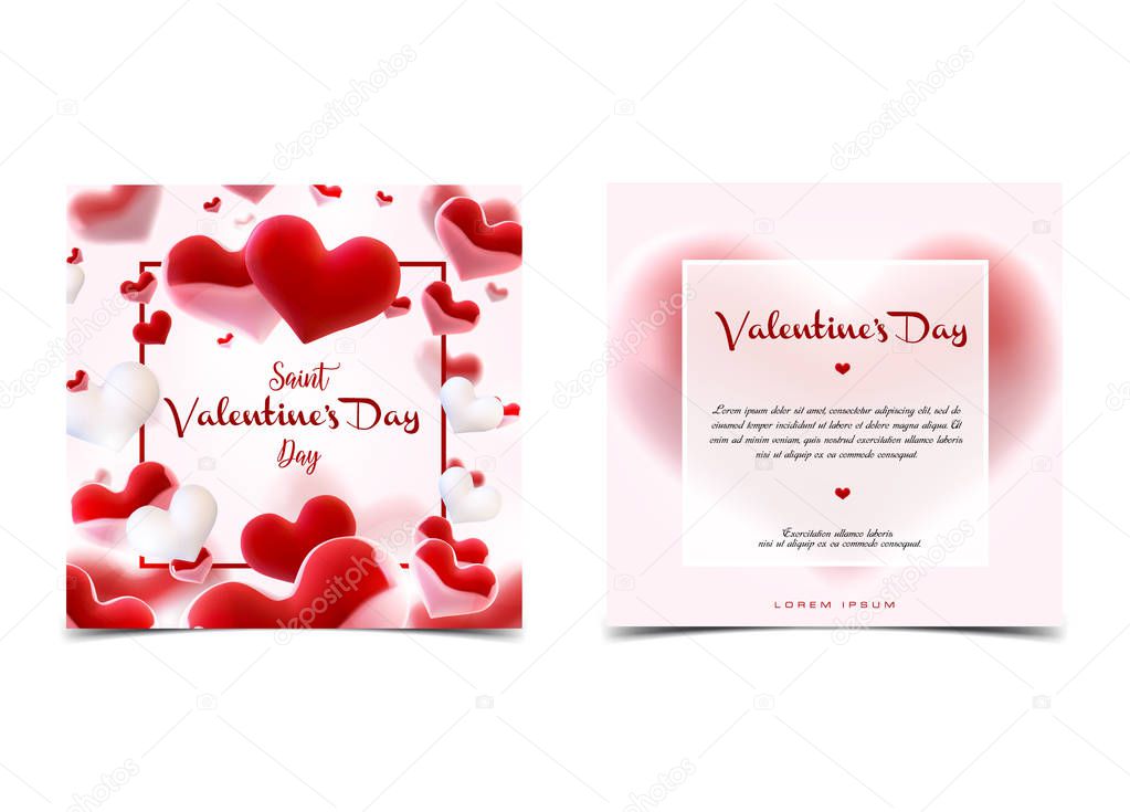 Valentine s day many hearts cincept. Vector illustration. 3d colorful hearts with thin square frame. Cute love banner, flyer or greeting card. Place for your text