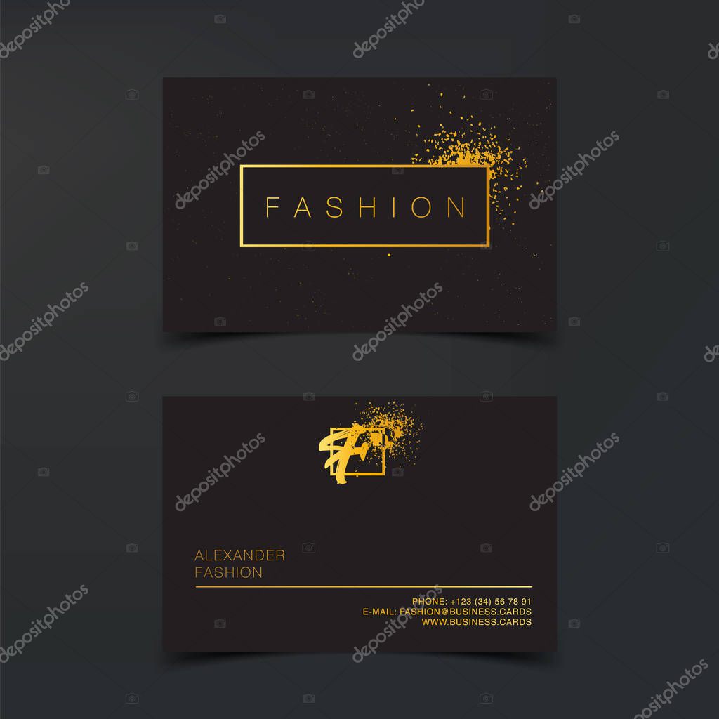 Luxury fashion business cards vector template, banner and cover with Golden dust texture and golden foil details on black. Branding and identity graphic design.