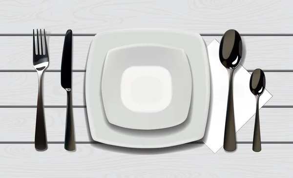 スプーン、ナイフとフォークを木製の背景に空現実的な板。木製テーブルの上の食器 — ストックベクタ