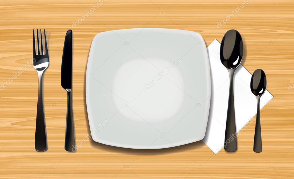 Empty realistic plate with spoon, knife and fork on a wooden background. Cutlery on a wood table