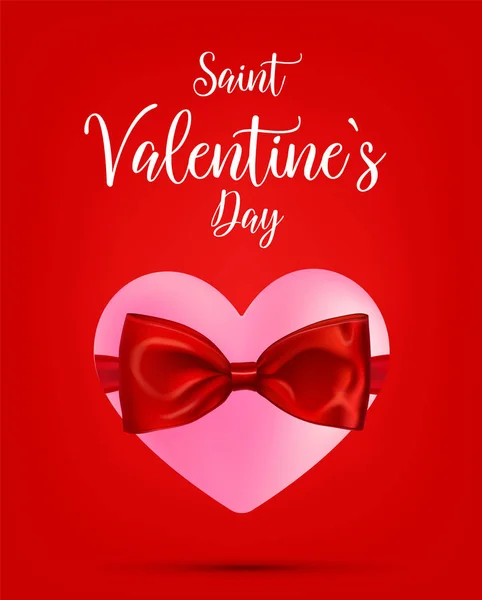 Valentine s dag concept. Vectorillustratie. 3D-roze hart met strik lint. Leuke liefde banner of wenskaart. Plaats voor uw tekst — Stockvector