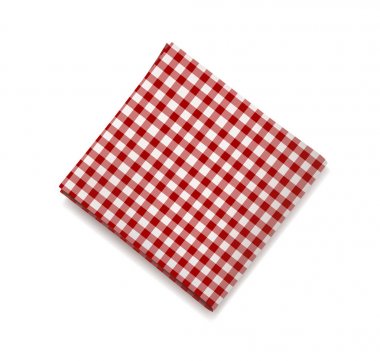 Beyaz zemin üzerine kırmızı peçete. Kafe ve restoran tasarımı için ekose Pötikareli masa örtüsü