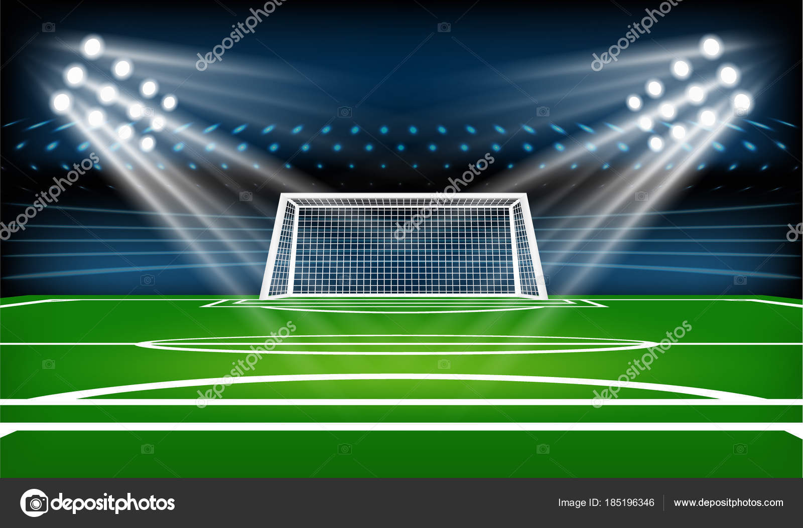 Futebol jogo online conceito, campo de futebol verde, holofotes