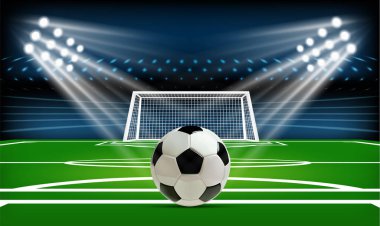 Futbol ya da futbol topu ile oyun alanı. Spor oyunu. Futbol Stadyumu spotlight ve çetele arka plan parlak ışık vektör çizim ile