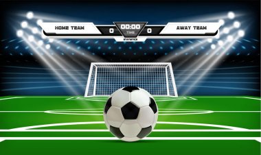 Infographic öğeleri ve topu ile futbol ya da futbol oyun alanı. Spor oyunu. Futbol Stadyumu spotlight ve çetele arka plan parlak ışık vektör çizim ile