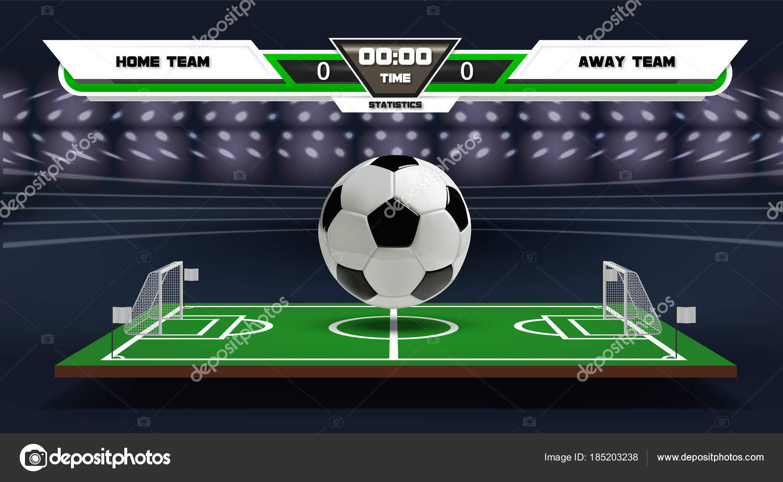 Futebol jogo online conceito, campo de futebol verde, holofotes