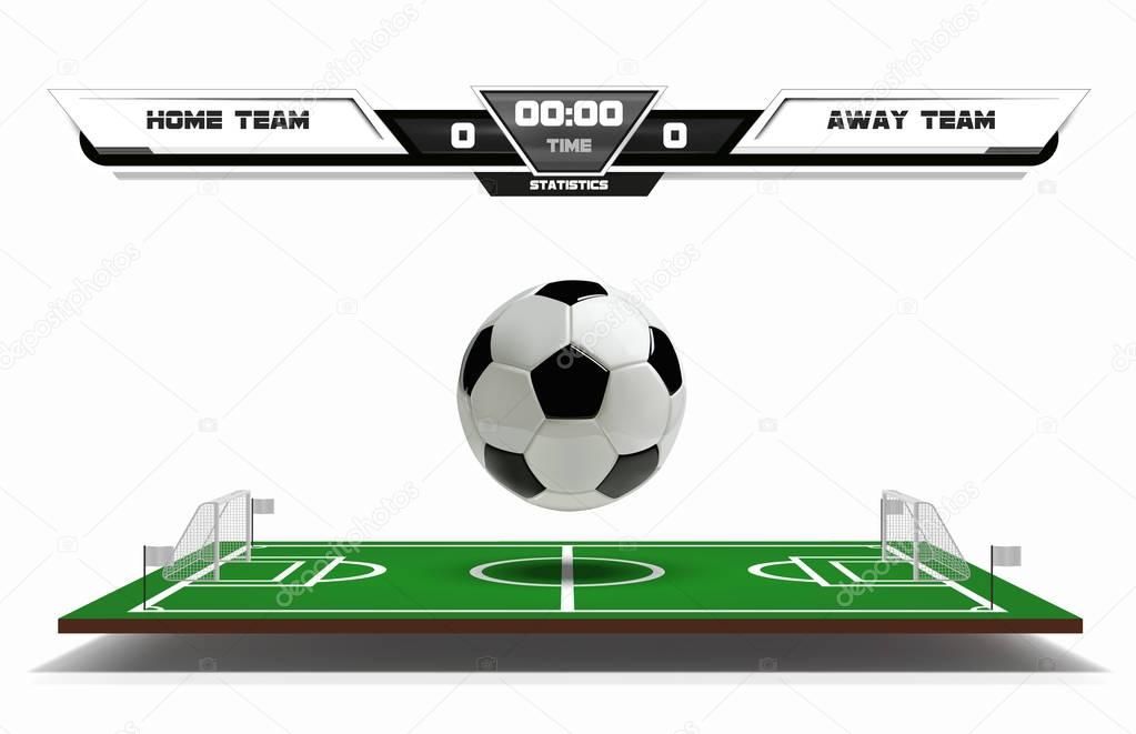 Football or soccer playing field with infographic elements and 3d ball. Sport Game. Football stadium scoreboard on white background vector illustration