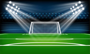 Futbol ya da futbol oyun alanı. Spor oyunu. Futbol Stadyumu spotlight ve çetele arka plan parlak ışık vektör çizim ile