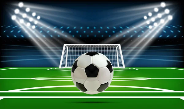 Fotboll eller fotboll spelregler med bollen. Sport spel. Football stadium spotlight och resultattavlan bakgrund med glitter ljus vektorillustration — Stock vektor