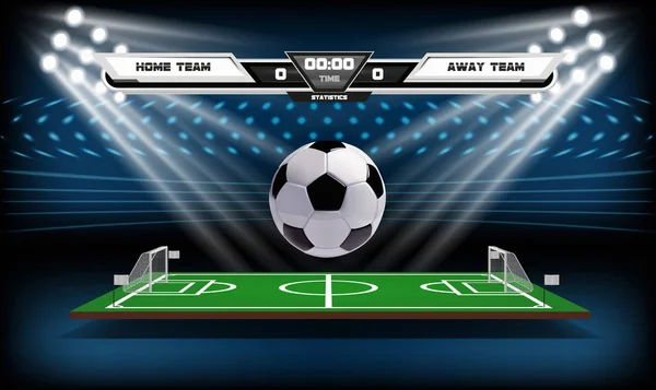 Football or soccer playing field with infographic elements and 3d ball. Sport Game. Football stadium spotlight and scoreboard background vector illustration — Stock Vector