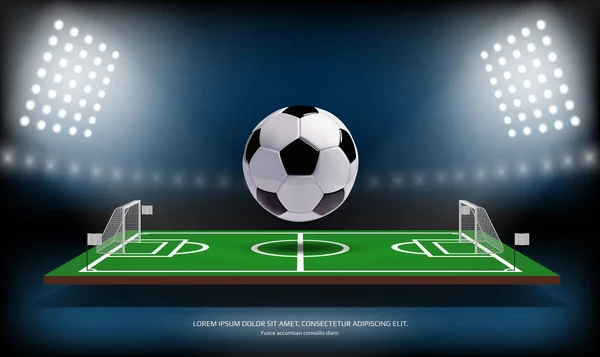 Fútbol o fútbol campo de juego y bola 3d. Juego de deportes. Fútbol estadio foco diseño concepto vector ilustración — Archivo Imágenes Vectoriales