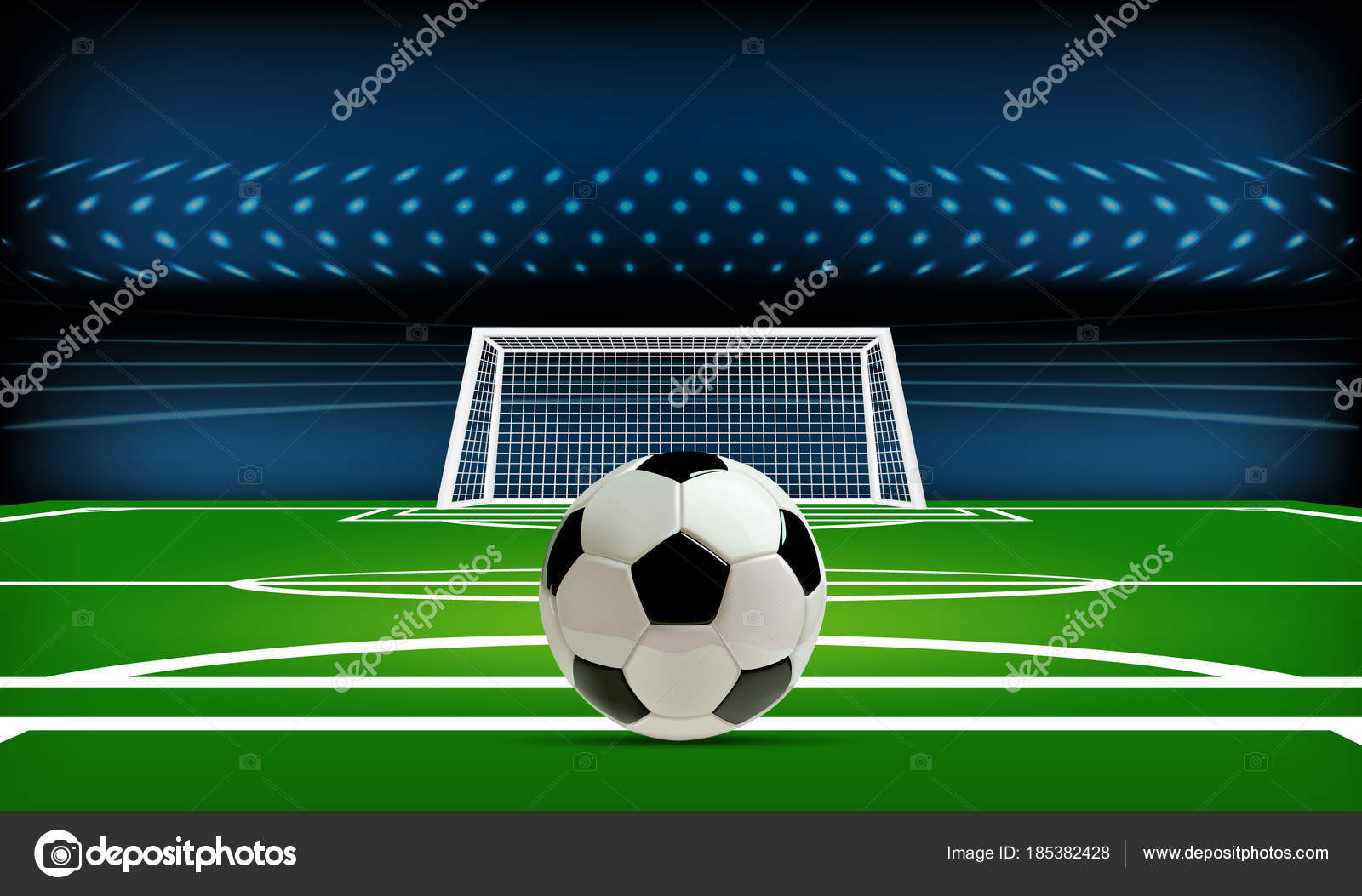 Futebol jogo online conceito, campo de futebol verde, holofotes