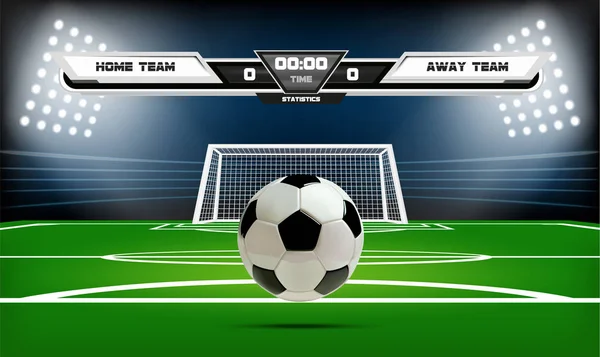 Fotboll eller fotboll spelregler med infographic element och 3d boll. Sport spel. Football stadium spotlight och resultattavlan bakgrund vektorillustration — Stock vektor