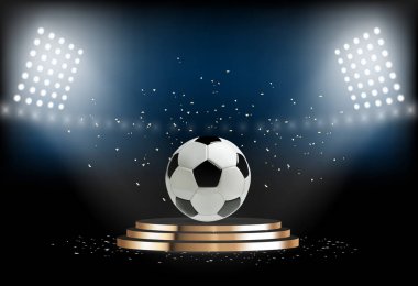 Futbol topu ile yuvarlak podyum. Futbol Kaide ödül töreni için. Platform tarafından spot aydınlatılmış. Vektör çizim