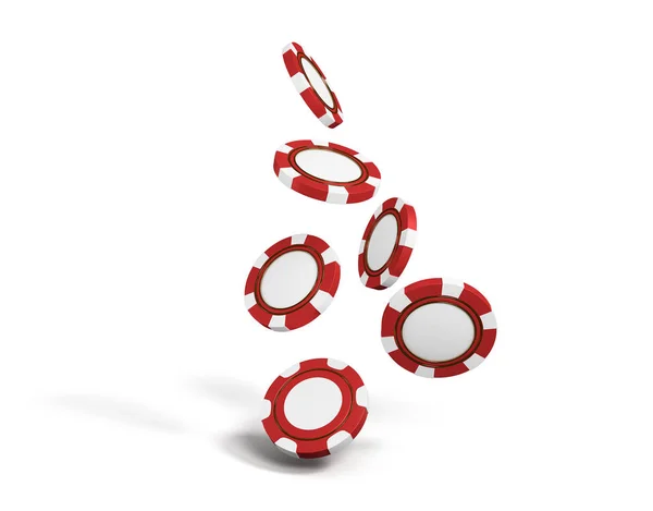 Casino Poker rote Chips. fallende Chips, isoliert auf weiß. Spielkonzept. 3D-Darstellung — Stockfoto