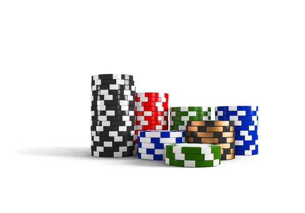 Casino fichas pilas aisladas sobre fondo blanco. Concepto de juego. Renderizado 3D — Foto de Stock