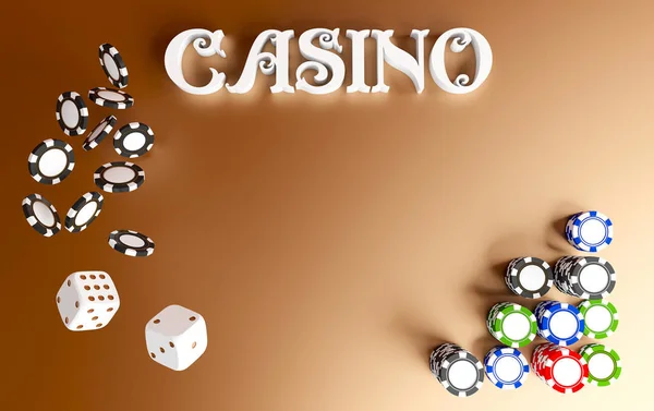 Casino background dice and chips. Top view of white dice and chips on red gold background. Online casino table concept with place for text. Casino sign. 3d rendering