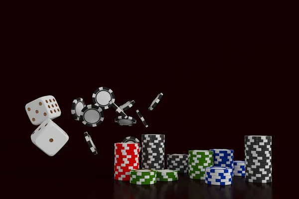 Casino achtergrond dobbelstenen en chips. Witte dobbelstenen en chips op zwarte achtergrond. Online casino concept met plaats voor tekst. 3D-rendering — Stockfoto