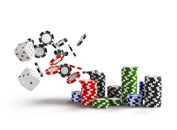 Casino dice és elszigetelt fehér background chipek. Online kaszinó koncepció hely a szöveg. Csökkenő póker zseton. 3D-leképezés — Stock Fotó
