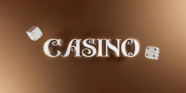 Casino background with dice and casino 3d sign. Online casino wide banner. Top view of white dice and casino lettering on gold background. 3d rendering — Stock Photo, Image