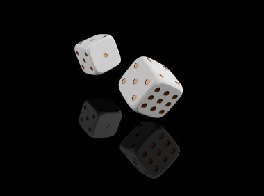 Casino siyah arka plan ile zar 3d. Online casino banner. Yansıma isolatel siyah beyaz ve altın zar. 3D render.