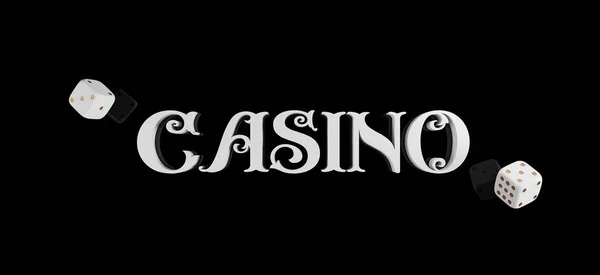 Καζίνο μαύρο φόντο με ζάρια και καζίνο 3d σημάδι. Online καζίνο ευρεία banner. Κάτοψη του λευκού ζάρια και καζίνο γράμματα isolatel σε μαύρο. 3D rendering — Φωτογραφία Αρχείου