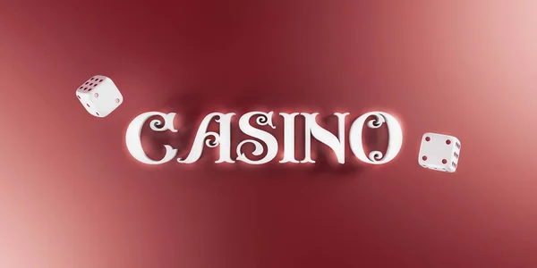 Casino background with dice and casino 3d sign. Online casino wide banner. Top view of white dice and casino lettering on gold background. 3d rendering