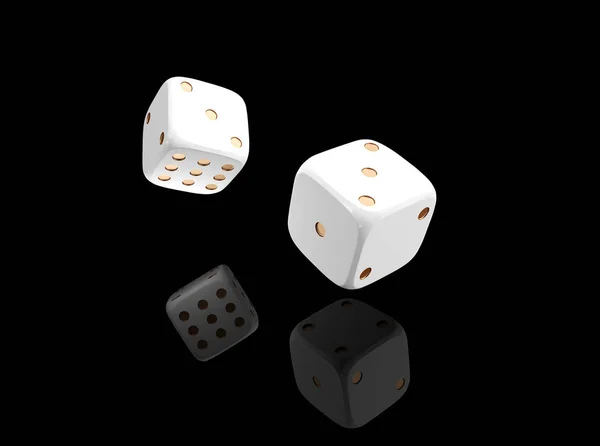 Casino black background with dice 3d. Online casino banner. White and gold dice with reflection isolatel on black. 3d rendering casino clipart — Stock Photo, Image