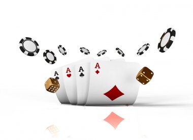 Casino kartları zar ve cips izole üzerinde beyaz arka plan sinek. Online casino kavramı ile metin için yer. Havada düşen poker fişleri. 3D render