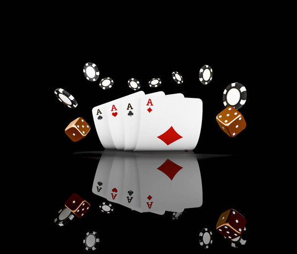 Casino cards dice and chips fly isolated on black background. Online casino concept with place for text. Falling poker chips in air and playing cards. 3d rendering