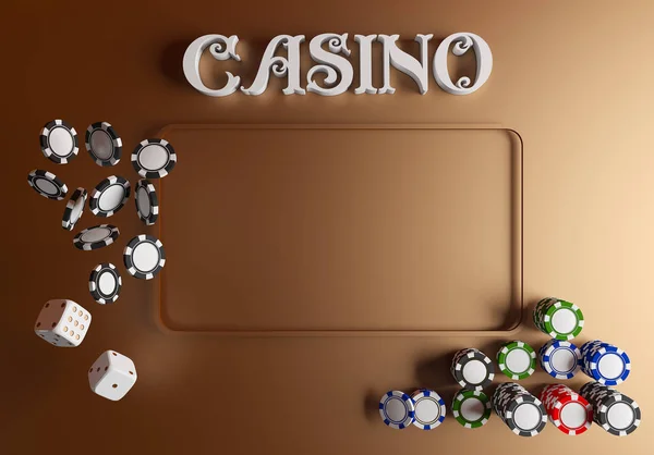 Casino achtergrond dobbelstenen en chips. Online casino tafelconcept met plaats voor tekst. Bovenaanzicht van witte dobbelstenen en chips op groene gouden achtergrond. Casino van teken. 3D-rendering — Stockfoto