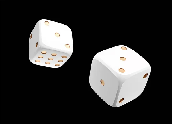 Вид зверху на білі золоті кубики. Казино білі кубики на чорному тлі. Концепція азартних ігор в онлайн-казино ізольована на чорному — стоковий вектор