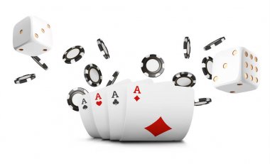 İskambil, poker fişleri ve zar casino beyaz arka plan üzerinde uçmak. Poker casino vektör çizim. Online casino oyun kumar tablo 3B vektör kavramı