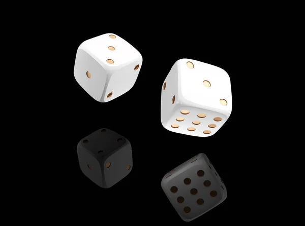 Ζάρια καζίνο λευκό σε μαύρο φόντο με αντανάκλαση. Ζάρια online καζίνο τυχερών παιχνιδιών έννοια που απομονώνονται σε μαύρο. 3D ζάρια διανυσματικά εικονογράφηση — Διανυσματικό Αρχείο