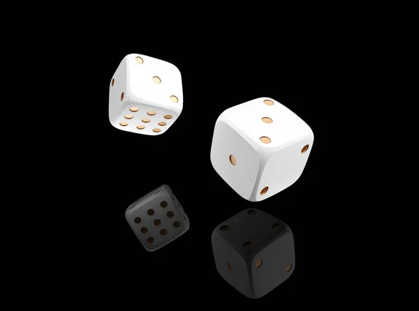 Casino dados blancos sobre fondo negro con reflejo. Casino en línea dados juego concepto aislado en negro. 3d vector de dados ilustración — Vector de stock