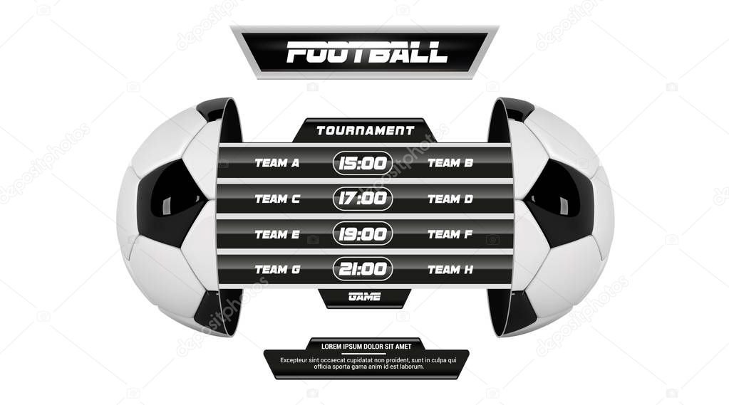 Vector of soccer league with team competition and scoreboard isolated on white background. Football White Banner With 3d Ball and Scoreboard. Soccer game match. Half football ball