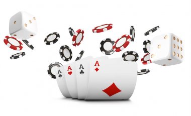 İskambil, poker fişleri ve zar casino beyaz arka plan üzerinde uçmak. Poker casino vektör çizim. 3D vektör kavramı, poker mobil app simgesi kumar online casino oyunu