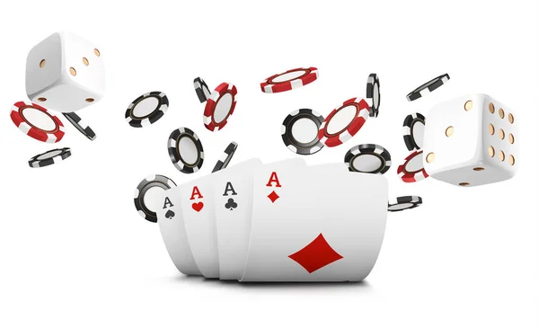 打牌, 扑克筹码和骰子飞赌场白色背景。扑克赌场矢量插图。在线赌场游戏赌博3d 矢量概念, 扑克移动应用程序图标 — 图库矢量图片